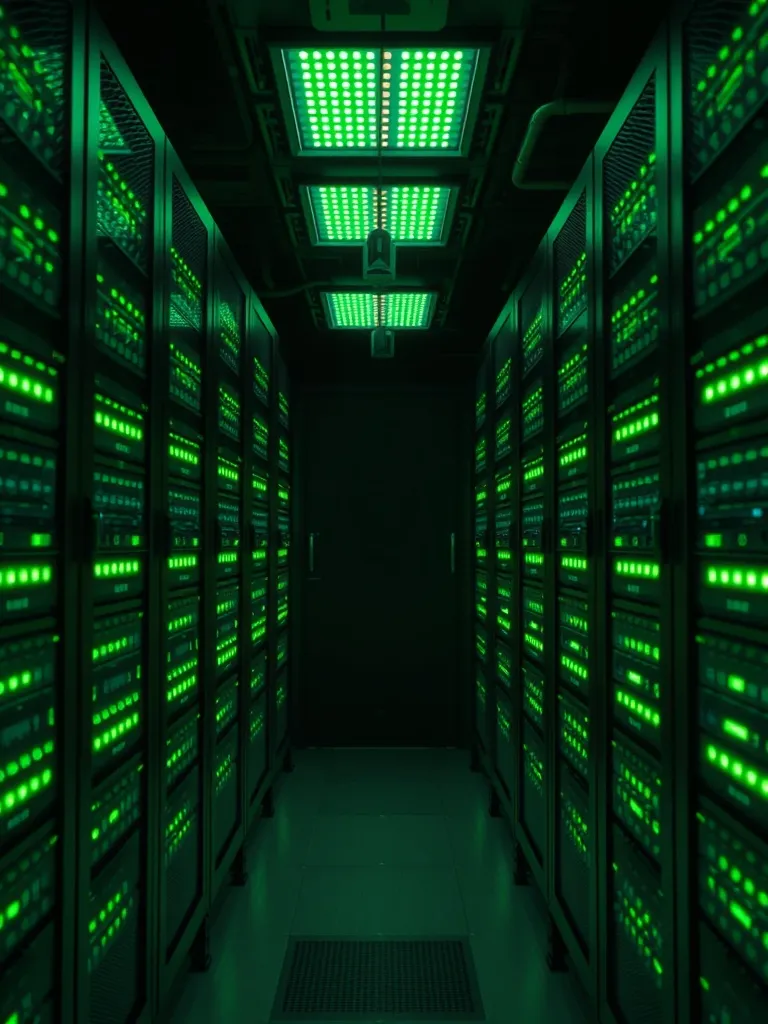 High-tech server room with glowing green LED lights on racks
